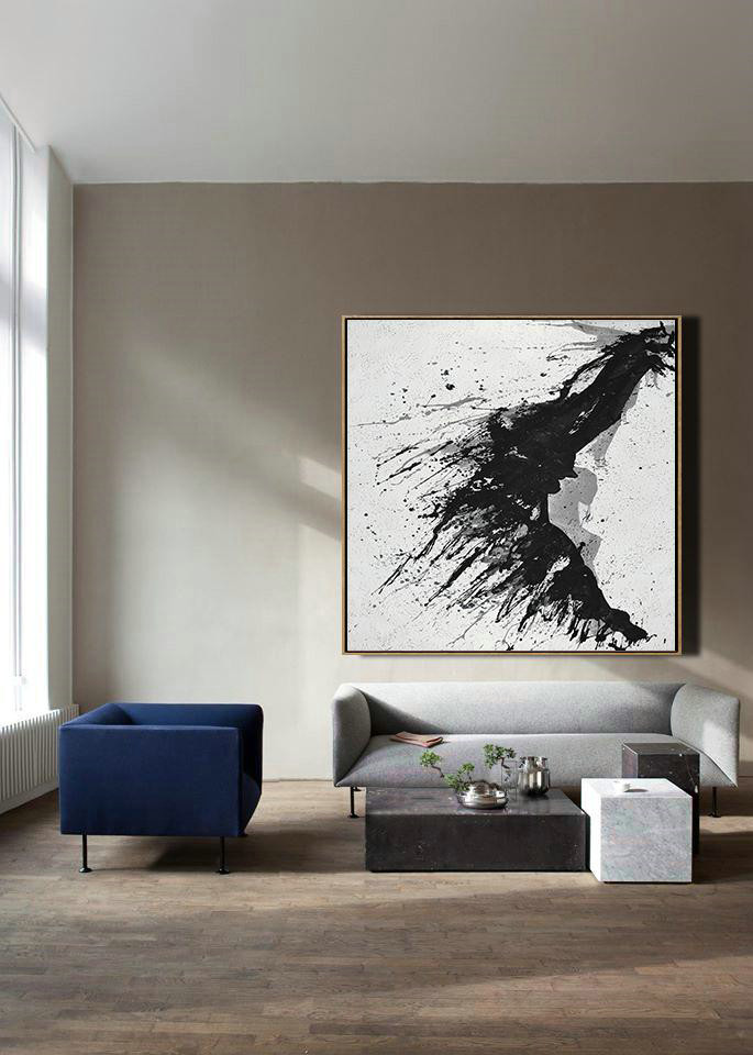 Large Contemporary Art Acrylic Painting,Minimalist Drip Painting On Canvas, Black, White, Grey - Original Modern Art,Large Wall Art Handmade